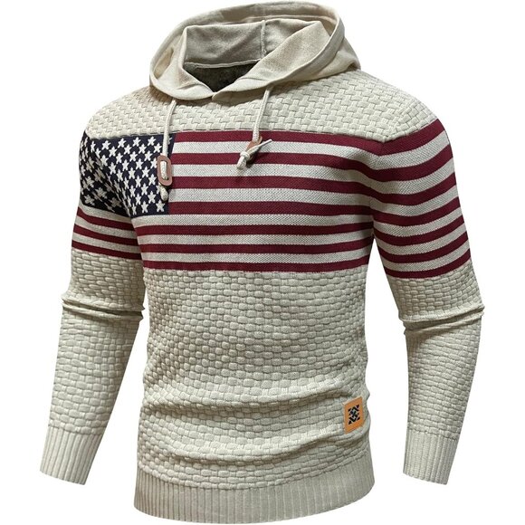 Men's Khaki Hooded Sweatshirt Long Sleeve American Flag Knitted Hoodie